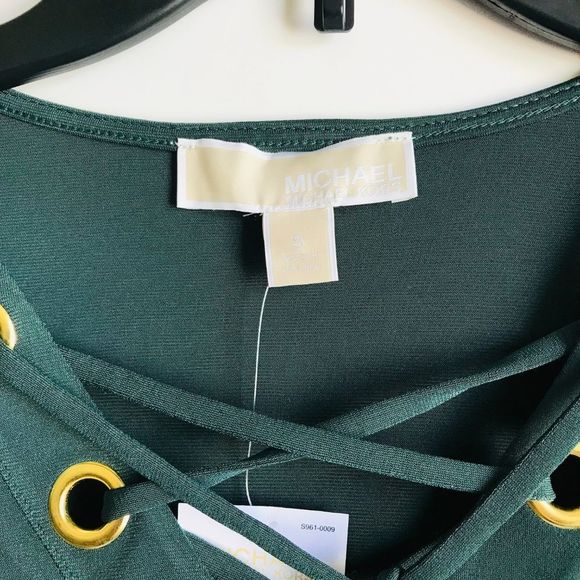 MICHAEL‎ Michael Kors Emerald Green Grommet Lace Up Neck Long Sleeve Top - Picture 6 of 9